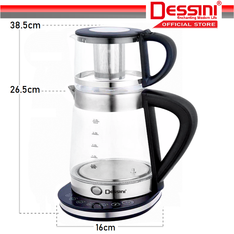 DESSINI ITALY 2.5L + 1.0L Glass LED Light Electric Kettle Temperature
