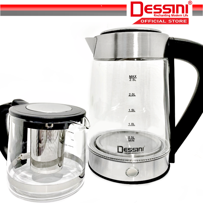 DESSINI ITALY 2.5L + 1.0L Glass LED Light Electric Kettle Temperature