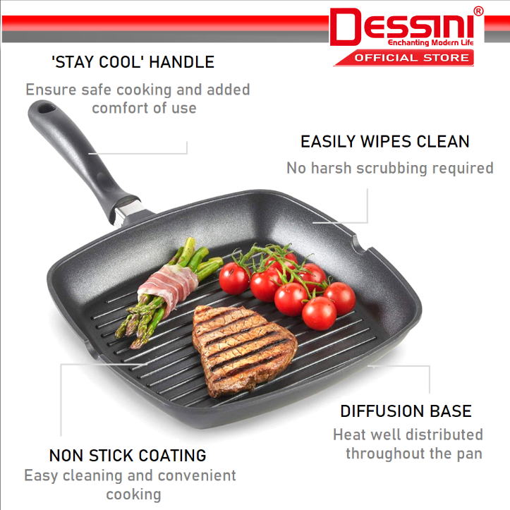 DESSINI ITALY 28CM Grill Frying Pan Die Cast Aluminium Induction Non Stick Pot Bowl Wok Cookware