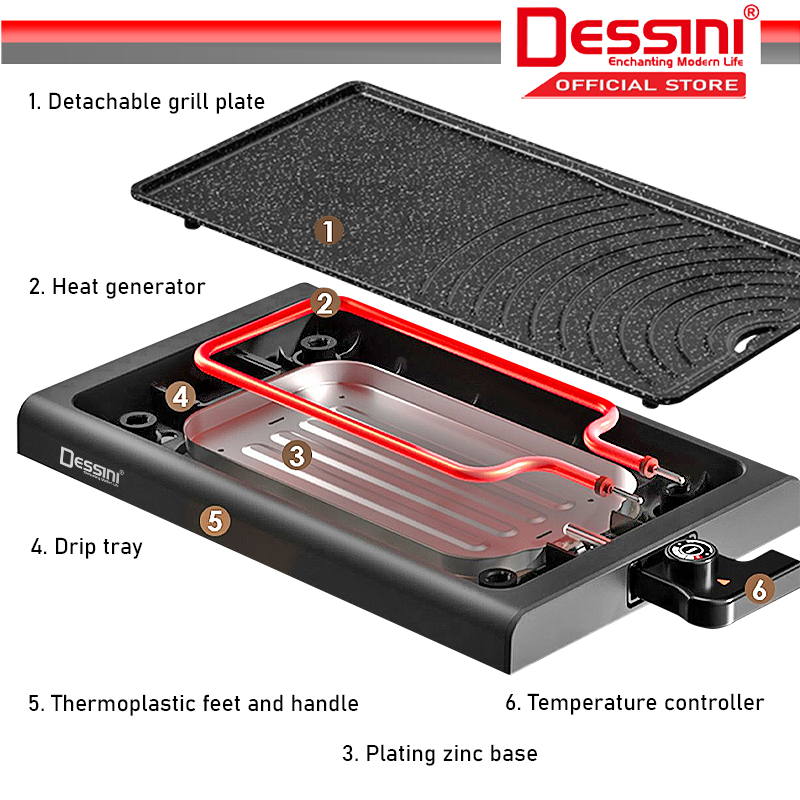 DESSINI ITALY Electric BBQ Grill Steak Frying Pan Teppanyaki Barbecue