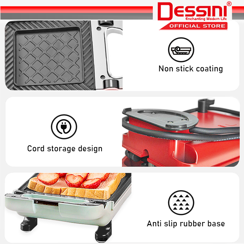 DESSINI ITALY Double Sided Electric Sandwich Panini Waffle Pizza Maker
