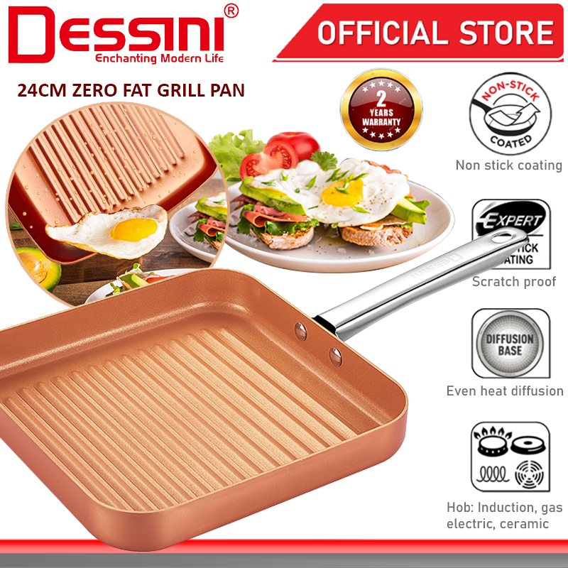 DESSINI ITALY Zero Fat 24CM Grill Steak Frying Pan Die Cast Aluminium Non Stick Copper Pot Bowl