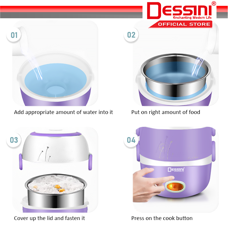 DESSINI ITALY 2L Electric Rice Cooker Lunch Box Non Stick Stainless Steel Inner Pot with Steamer