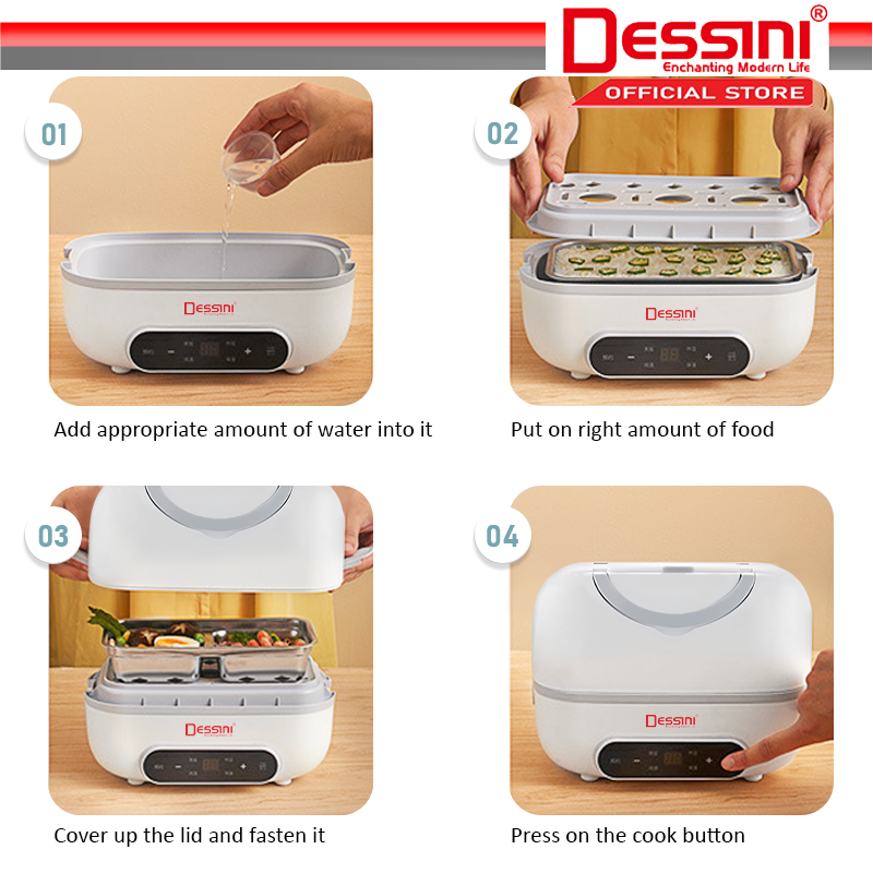 DESSINI ITALY 2L Electric Rice Cooker Lunch Box Non Stick Stainless Steel Inner Pot with Steamer