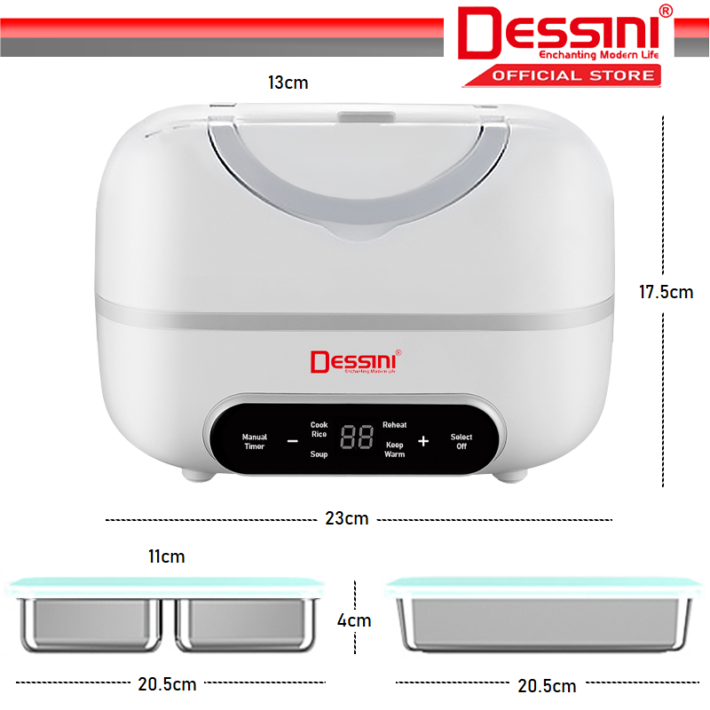 DESSINI ITALY 2L Electric Rice Cooker Lunch Box Non Stick Stainless Steel Inner Pot with Steamer