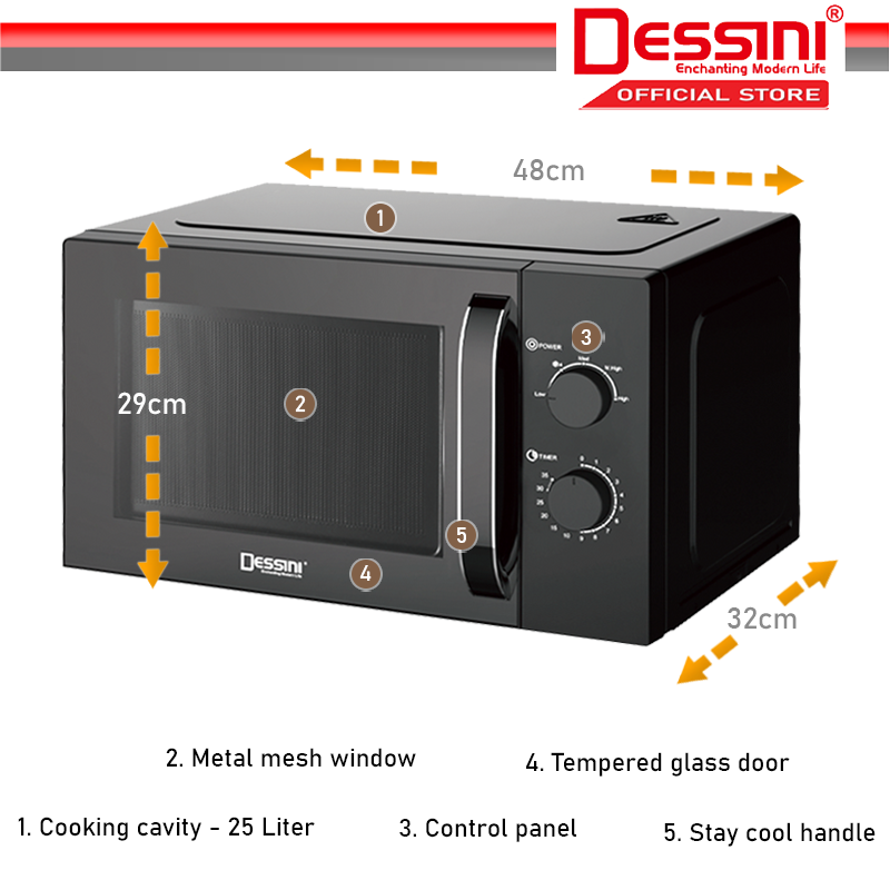 DESSINI ITALY 25L Countertop Microwave Oven 5 Power Level Timer Defrost