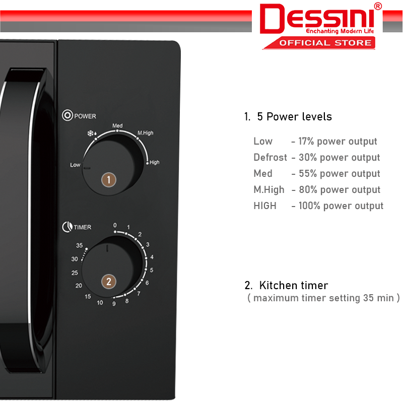 DESSINI ITALY 25L Countertop Microwave Oven 5 Power Level Timer Defrost