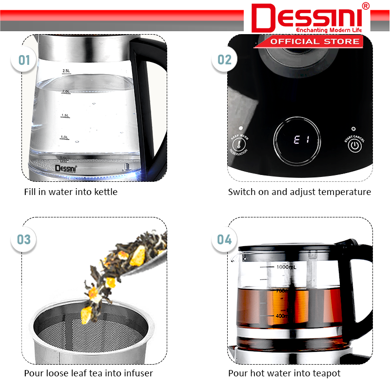 DESSINI ITALY 2.5L + 1.0L Glass LED Light Electric Kettle Temperature
