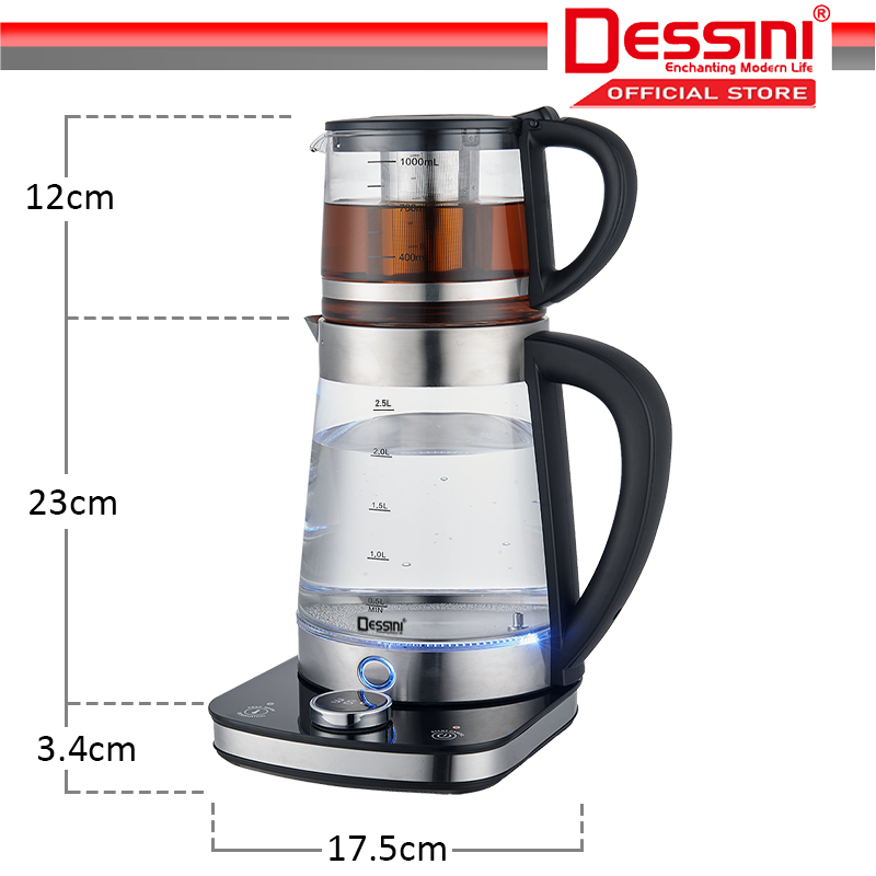 DESSINI ITALY 2.5L + 1.0L Glass LED Light Electric Kettle Temperature