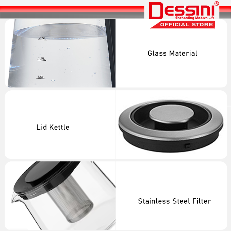 DESSINI ITALY 2.5L + 1.0L Glass LED Light Electric Kettle Temperature